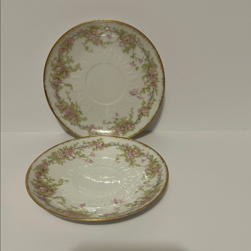 Vintage White Porcelain Saucer with Pink Floral Garland and Gold Rim - Picture 2 of 3